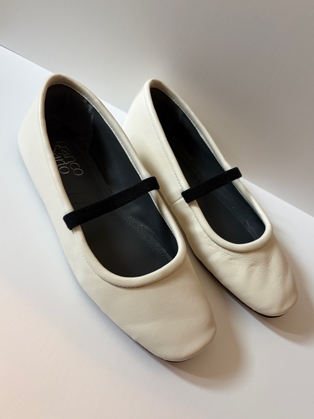 Franco Sarto Cream Leather Mary Jane Flats with Black Strap